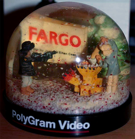 The infamous Fargo wood chipper scene in a bloody snow globe!