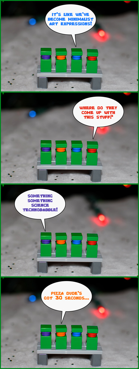 A poignant discussion amongst minimalist Teenage Mutant Ninja Turtles in LEGO form.