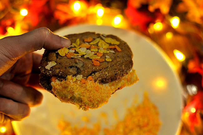 Behold The Candy Corn Pebbles Cereal Ice Cream Sandwich!