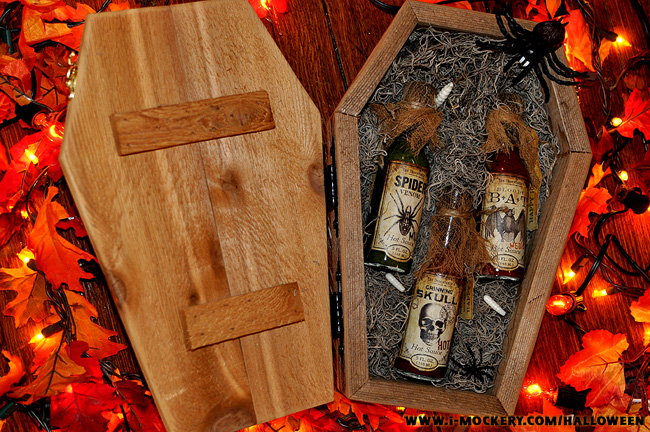 Look inside the coffin and you'll find bottles of Halloween Hot Sauce with grubs crawling around them. Yummy!
