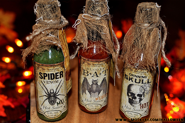 Halloween Hot Sauce comes in three flavors: Spider Venom, Bloody Bat, and Grinning Skull!