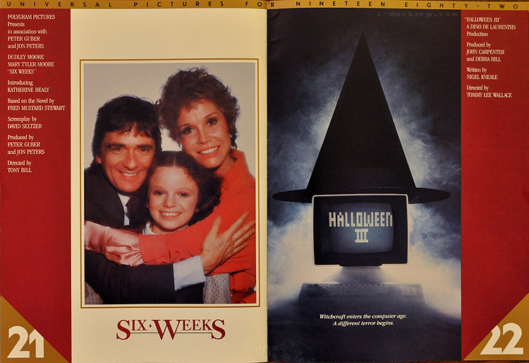 Universal Pictures For 1982 - The Halloween III: Season of the Witch original pre-release trade ad alongside Six Weeks!