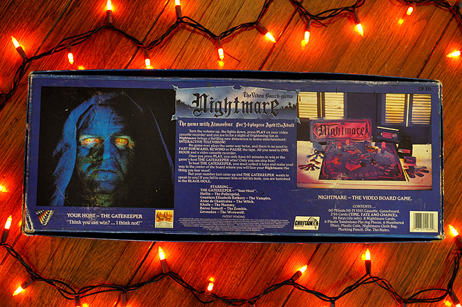 The Nightmare Horror VCR Board Game box back, featuring The Gatekeeper!