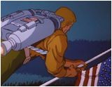In a hissy fit, Duke goes to fly the american flag around with his jet pack
