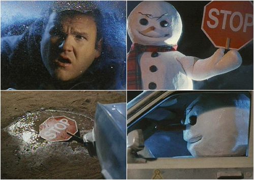 Even cops must obey traffic signs, held by killer snowmen.
