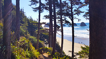 Arriving at Crescent Beach with more sea stacks off in the distance.